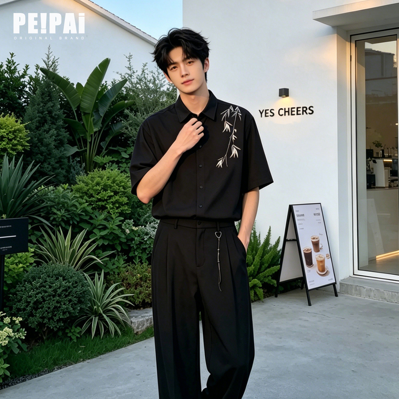 Peipai New Chinese Style Lapel Embroidered Shirt for Men, Loose, Breathable, Iron-Free, Black Short-Sleeved Casual Shirt for Summer Peipai New Chinese Style Lapel Embroidered Shirt for Men, Loose, Breathable, Iron-Free, Black Short-Sleeved Casual Shirt for Summer
