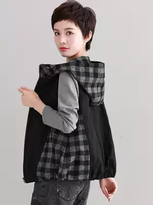 Plaid short small vest women's autumn 2019 new Korean version of loose hooded vest waistcoat waistcoat