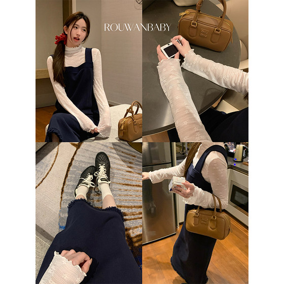 Early spring Korean style outfit, dark blue suspender dress, women's long skirt + small flower pullover two-piece skirt suit