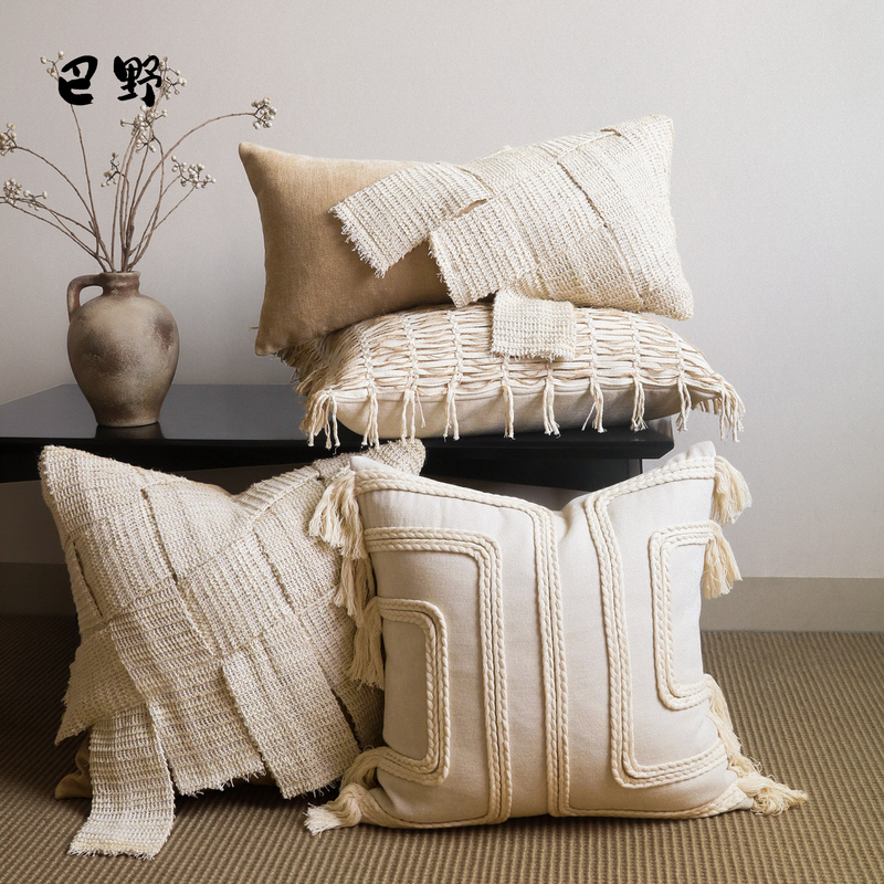 High-End Wabi-Sabi Style Soft Furnishings Designer Model Room Homestay Hand-Woven Cotton and Linen Throw Pillow Cream-Colored Cushion Cover