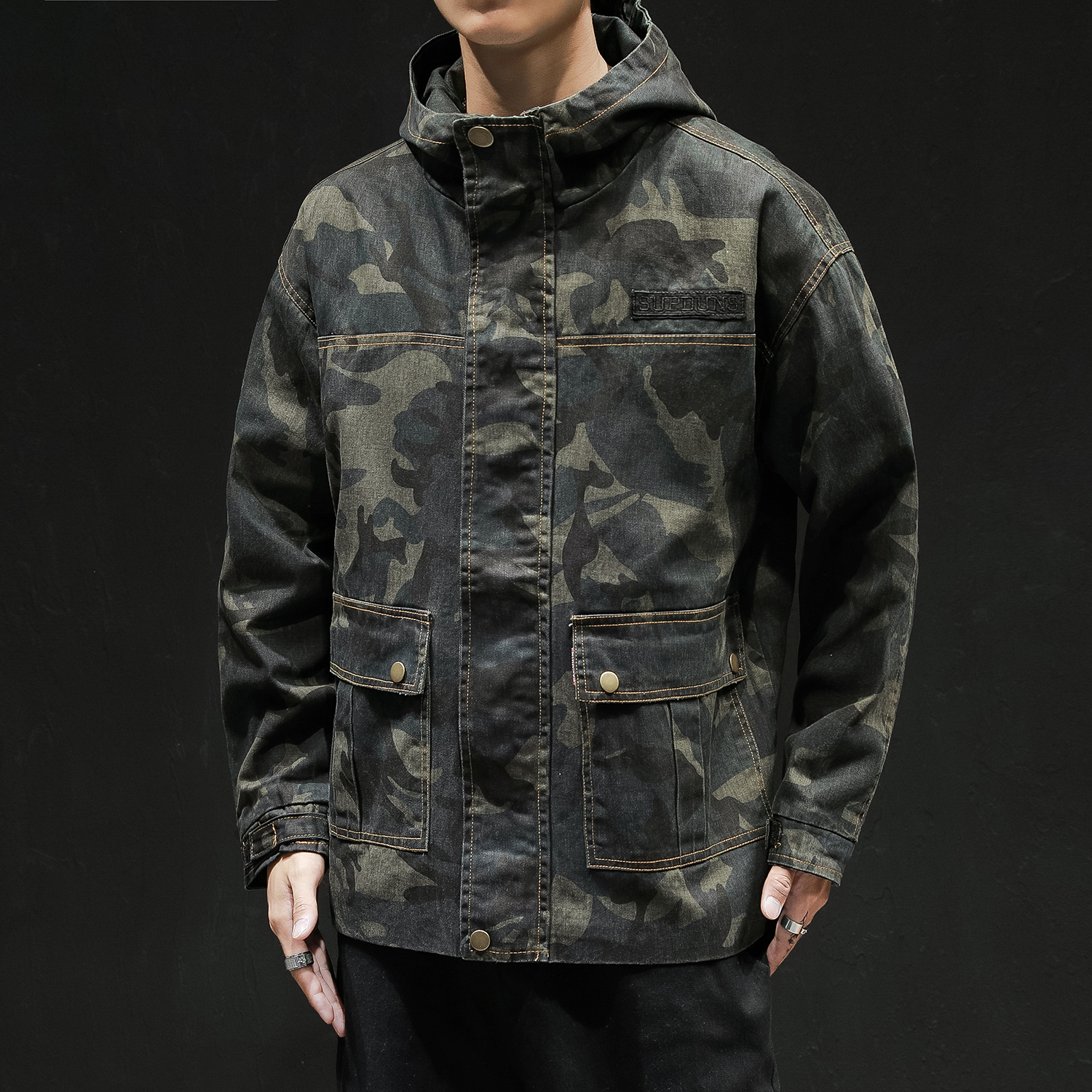 Hong Kong fashion brand camouflage denim jacket Men's Japanese loose fat plus size fat frock hooded casual jacket