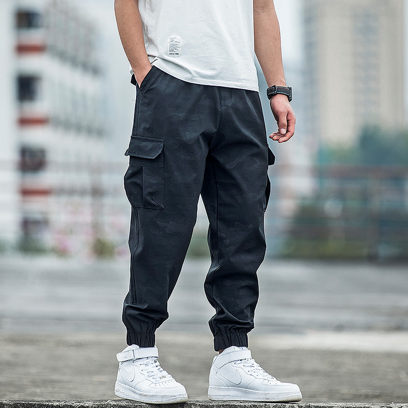 Hong Kong tide brand multi-pocket overalls men's bundle feet loose casual pants Japanese wild fat plus fat plus size pants