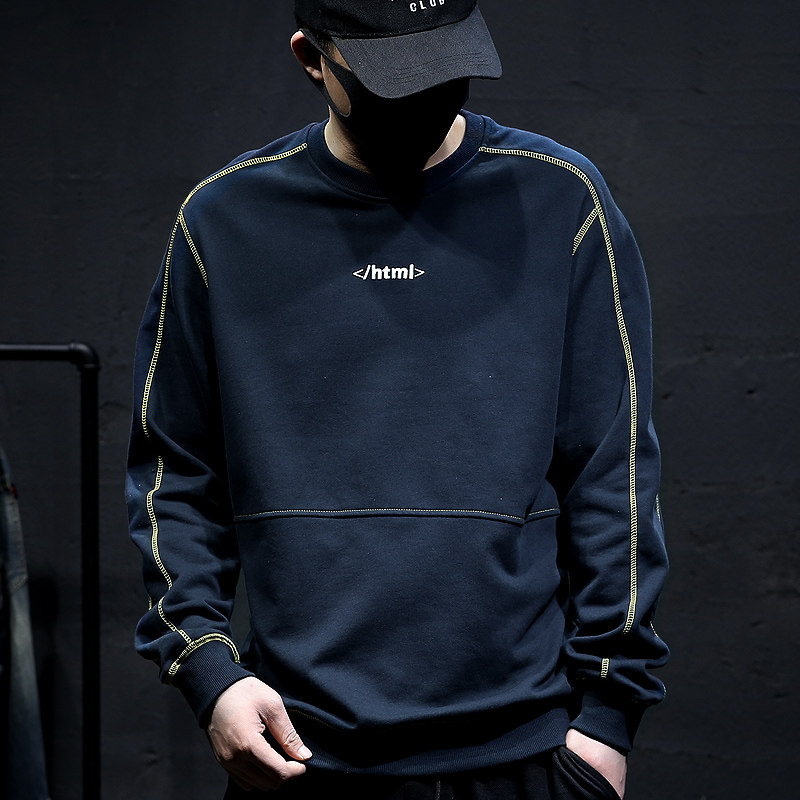 Hong Kong tide brand embroidery stitching round neck thick cotton T men's loose casual Korean version of the fat man autumn and winter plus velvet hoodless top