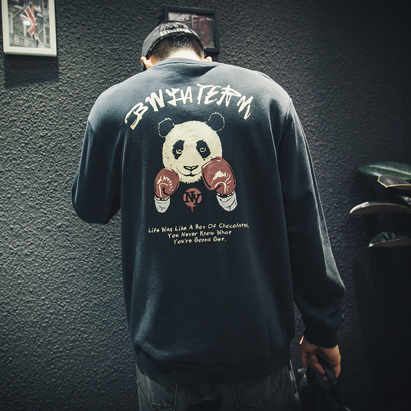 Hong Kong Tide Panda printed thick cotton T men loose in port wind collar tops fat man plus large code coat