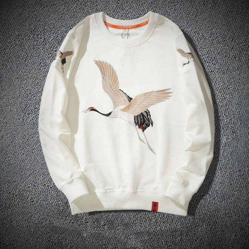 Hong Kong tide brand crane embroidered sweater men's round neck loose plus velvet pullover top Chinese style large size long-sleeved jacket