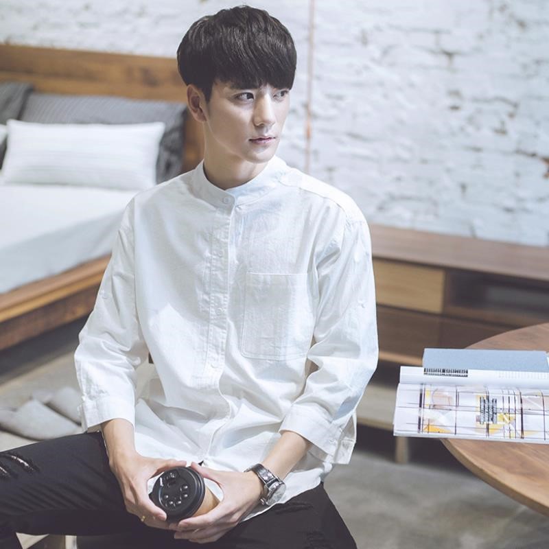 Hong Kong Tide Line Seven-sleeved Shirt Men Han-style Pure Shirt Student Handsome Leisure Long Sleeves