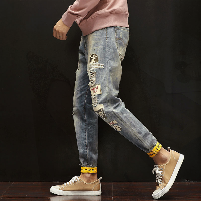 Europe Station Summer Break Hole Jeans Men Trend Beggars 90% Pants Light Color Straight Cylinder Easy Tide SMOKE PIPE PANTS