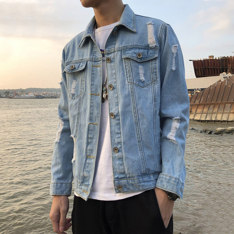 Hong Kong Tide Card Breaking Hole Scrappa Denim Jacket Male Korean Version Handsome Tooling Jacket Bf 100 Hitch Loose Mesh Red Blouse
