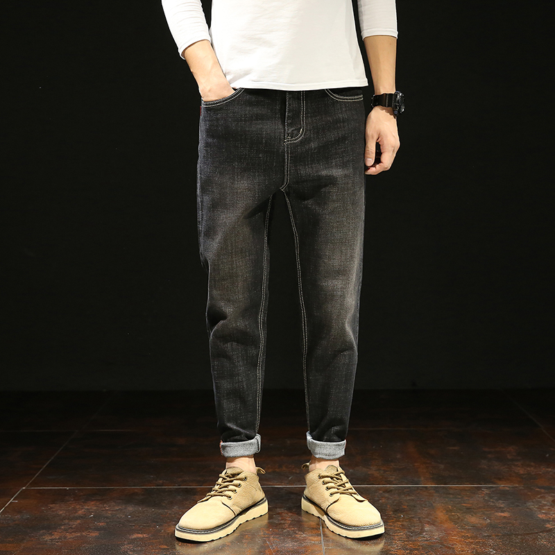 Hong Kong trendy brand rolled-edge nine-point jeans men's Japanese retro Harem pants loose straight wild small feet turnip pants