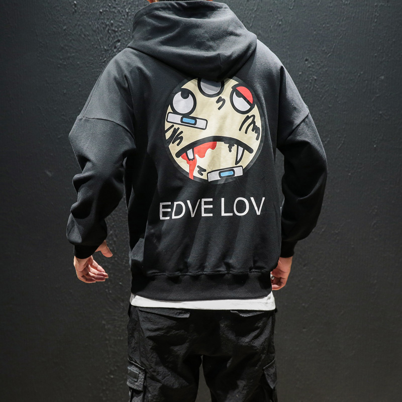 Hong Kong pop brand cartoon print loose sweater men's Japanese plus hypertrophic size hooded pullover casual jacket men's clothing