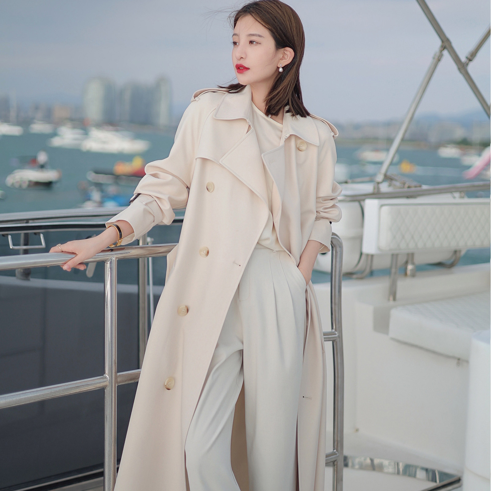 Great Joy Homemade (Spot) Town Shop Baofeng clothes Loose Straight Drum Temperament long with double-row buttoned wind coat-Taobao