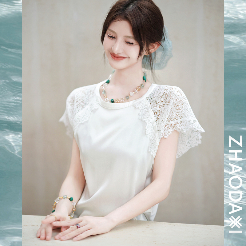 Zhao Daxi | Evening Breeze Lace Top | Silk Side Ruched Waist Slimming Stretch Double-Jo Lace Patchwork Top