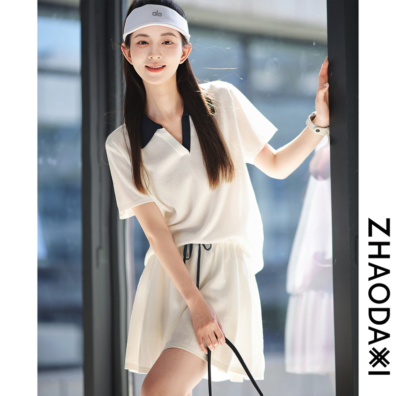 Zhao Daxi | Aerobic Set | Cool Tencel Color-Block Polo Shirt Dress with Drawstring and Elastic Waist for a Slimming Effect.