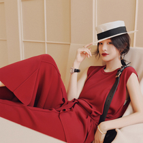 Big happy homemade 2019 spring new simple round neck sleeveless knitwear thin eight wide leg pants two-piece female