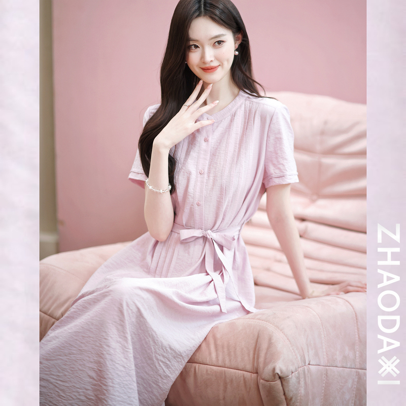 Zhao Daxi | Easy to Care For: Pink Mist Sea Dress | 18mm Silk Brocade Symmetrical Pleated Fabric Belt Long Skirt