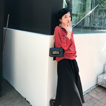Big happy homemade pure color pleated skirt 2019 womens season autumn high waist casual skirt thin temperament A- line dress