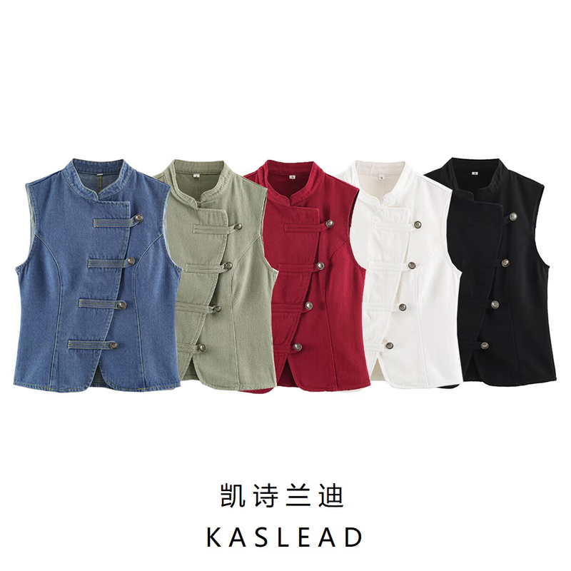 Kaslead New Women's Clothing European and American Style Fashion Simple Slimming Diagonal Placket 5-Color Denim Sleeveless Vest