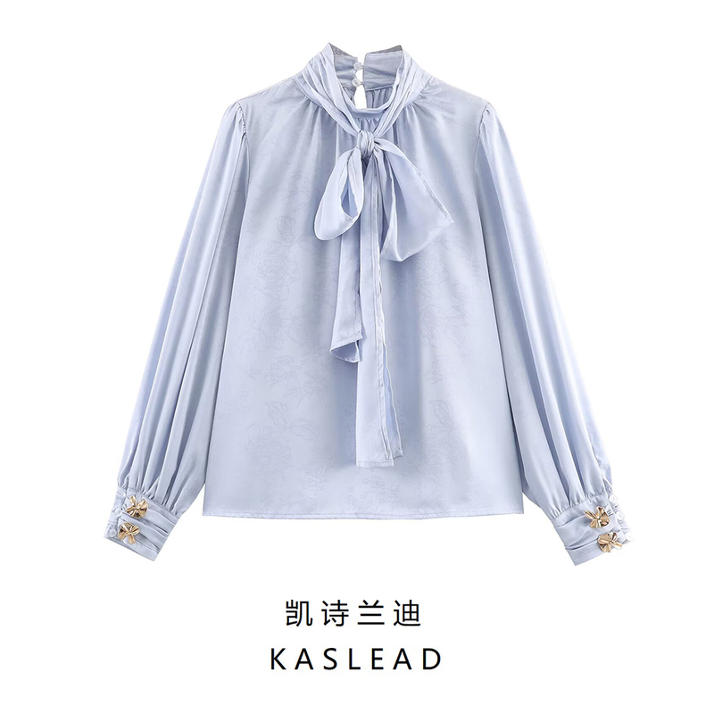 Kaslead New Women's Clothing European and American Style Fashion Jacquard Silk Satin Texture Bow-Decorated Shirt 2026616