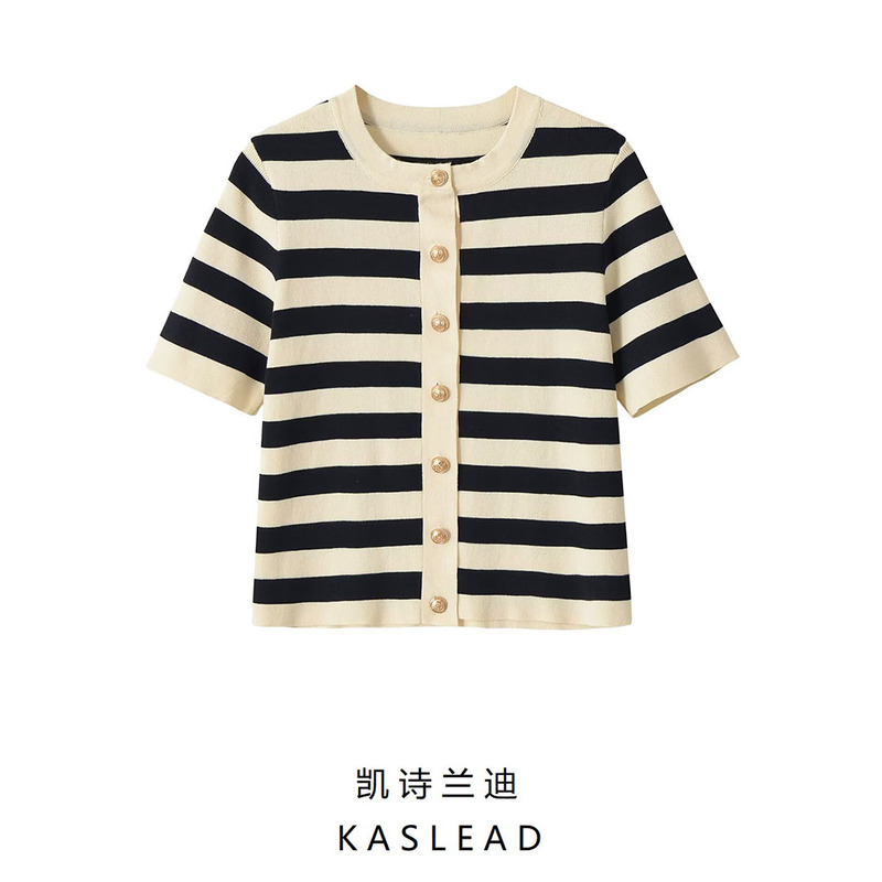 Kaslead New Women's Clothing European and American Style Round Neck Striped Short-Sleeved Knitted Cardigan 2142112 Kaslead New Women's Clothing European and American Style Round Neck Striped Short-Sleeved Knitted Cardigan 2142112