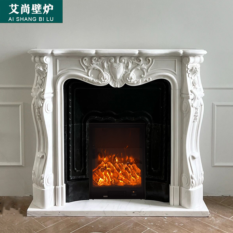 French stone fireplace marble fireplace European style American style Villa Living room Han white jade carved fireplace decoration cabinet