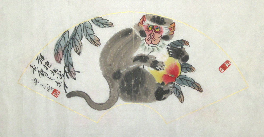 Monkey Country Painting Monkey Year Fan Face Sector Calligraphy Painting Province Beauty Co-Pure Hand-painted Calligraphy And Painting Work Really Miraculously Wishing a Birthday Dining Room