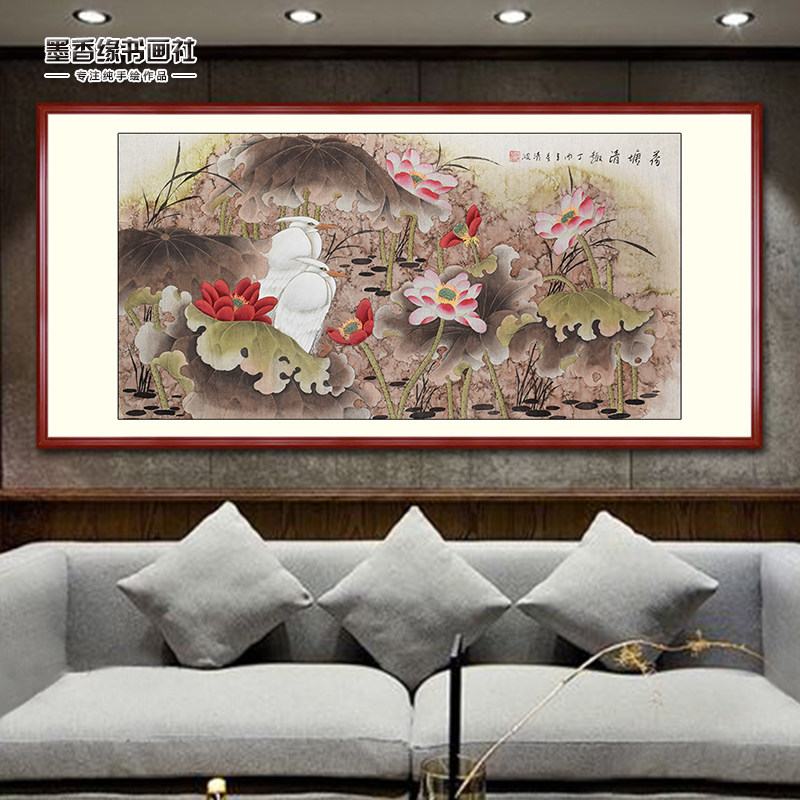 National Painting Lotus Decoration Painting Hand-painted Work Stroke horizontal version Living room Flowers Bird Painting core scrolls with frame lotus pond clear fun