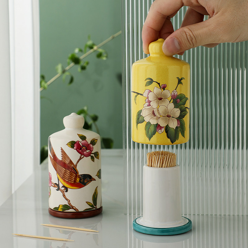 American creative ceramic toothpick container home Chinese flower and bird toothpick box storage living room dining room fashion toothpick jar