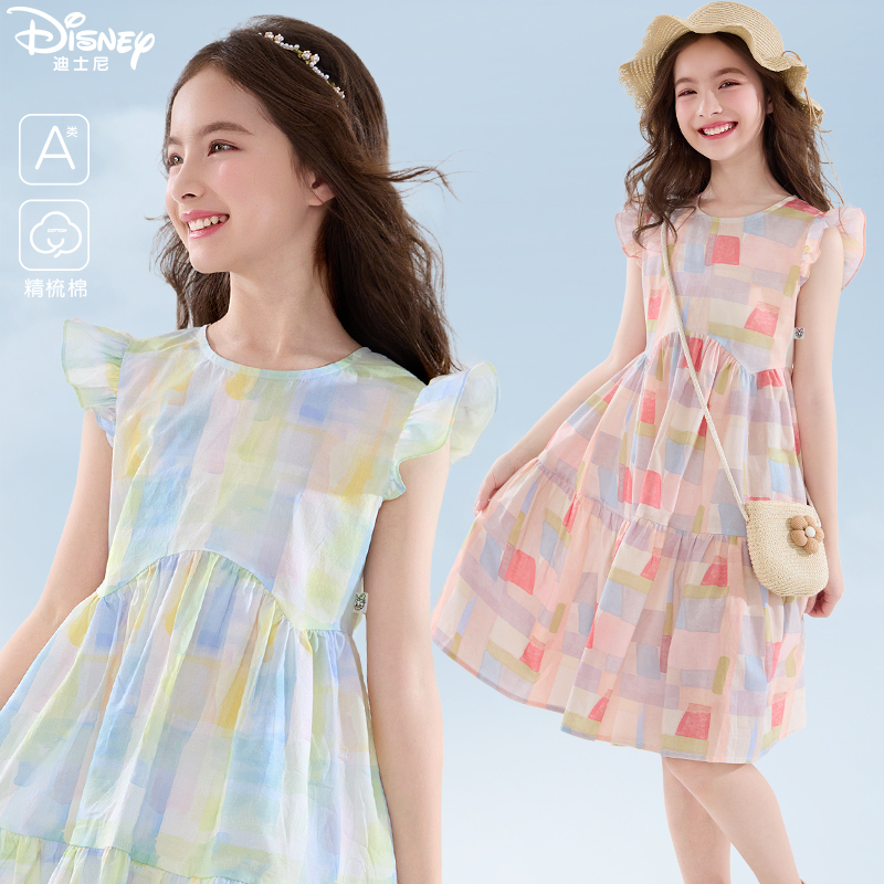 Disney Girls' Dress Summer Pure Cotton Children's Dress 2026 New Style Medium and Large Children's Stylish Flutter Sleeve Princess Dress
