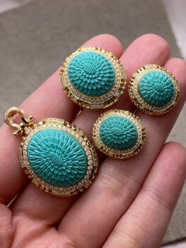 Hubei shiyan natural raw ore high porcelain non-optimized turquoise 18k gold gesang flower ring earrings pendant set