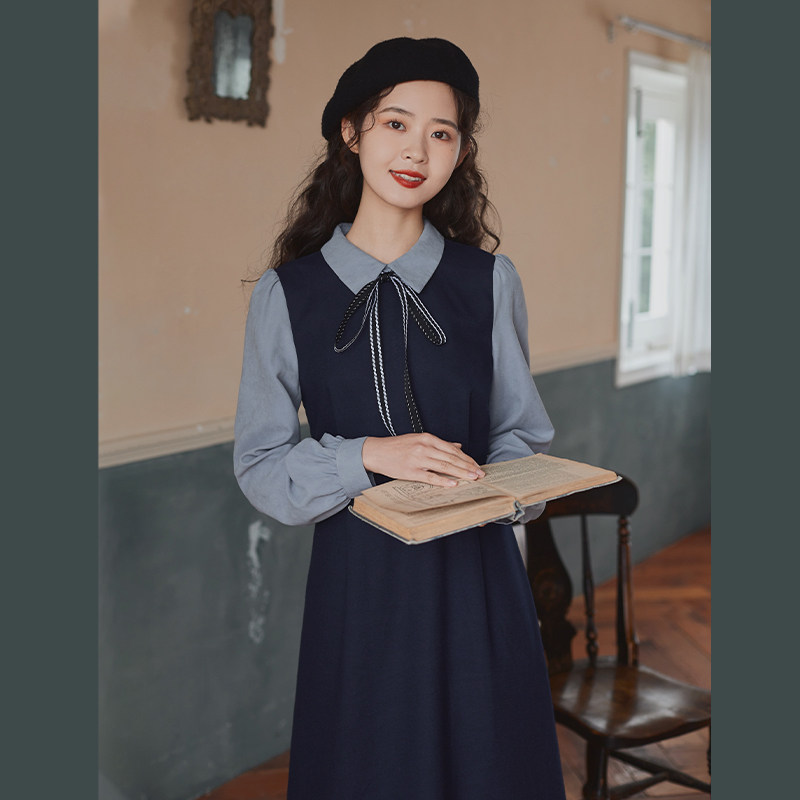 linjou Ling Jiu autumn dress long female temperament thin inside with academic style Joker slim waist long skirt