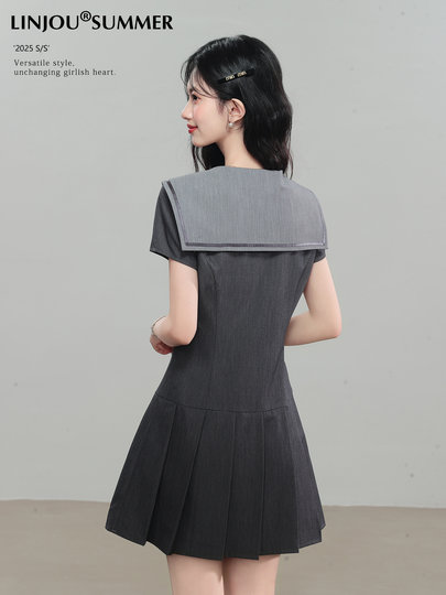 Lingjiu <Misty Grey Navy> vestido estilo universitario novedad de verano para mujer falda acampanada pequeña con solapa de Color en contraste