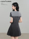 Lingjiu <Misty Grey Navy> vestido estilo universitario novedad de verano para mujer falda acampanada pequeña con solapa de Color en contraste