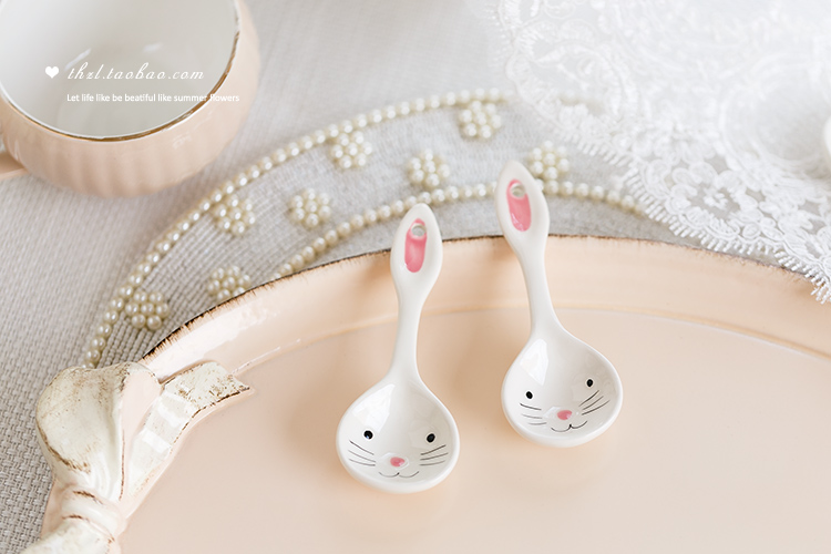 [truyện cổ tích] dễ thương siêu dễ thương màu hồng gốm nêm thìa hoạt hình cà phê thìa dài tai thỏ thìa - Cà phê phin ca phe