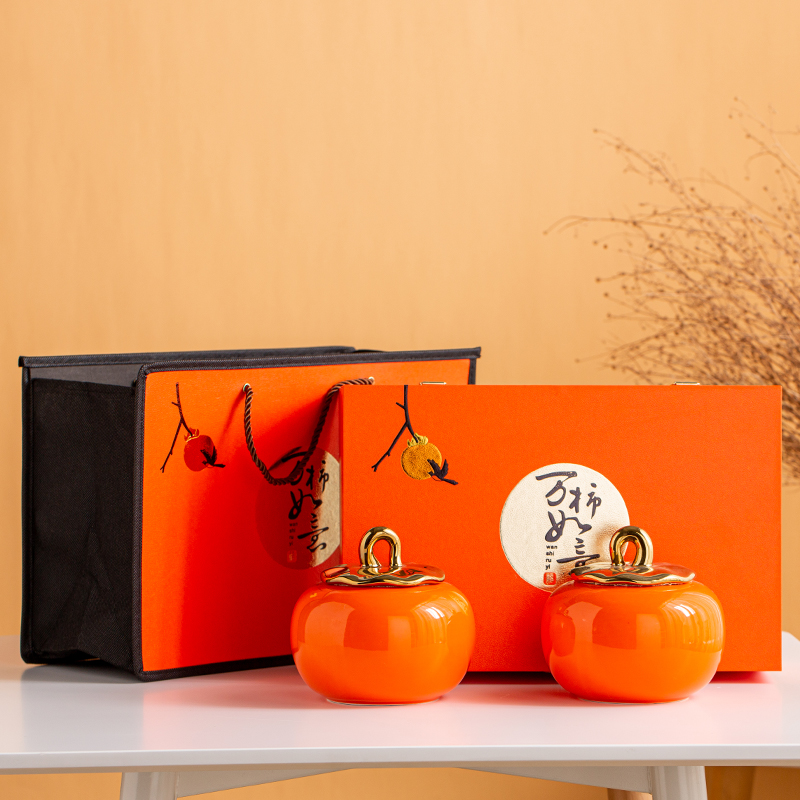 Ceramic Tea Leaf Pot Creative Persimmon Big Gift Box Packaging Empty Box Black Tea Green Tea Seal Tank Double Jar Gift Customisation