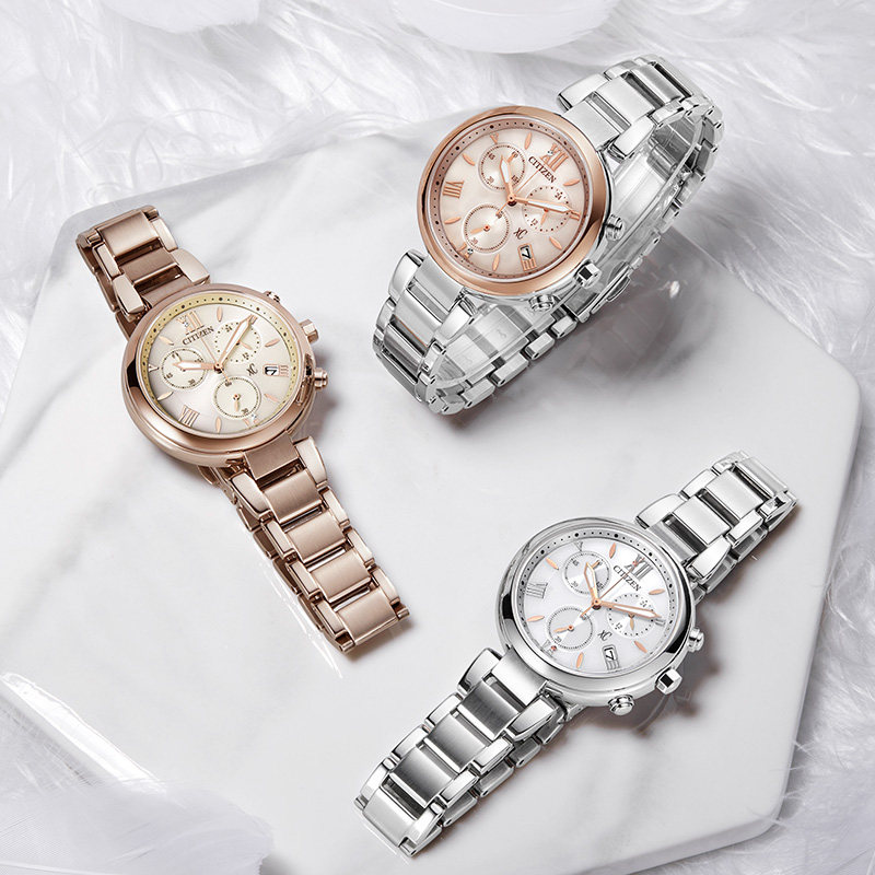 Citizen Flagship Store Official Website Xc Series Rose Gold Three-Eye Chronograph Steel Band Kinetic Energy Watch for Women Fb1452
