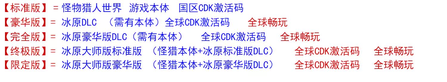 PC中文steam 怪物猎人世界 冰原DLC 怪物猎人 冰原 大师版 豪华版 国区全球CDkey 激活码 猛汉王MHW