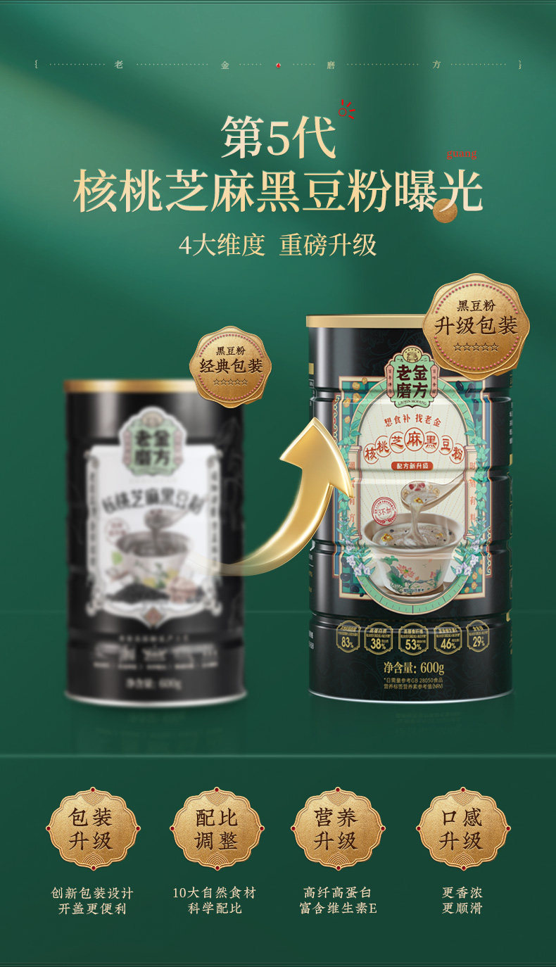 老金磨方 黑芝麻核桃黑豆粉600g 图2