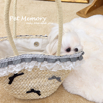 Korean dog and cat pet outing bag original woven straw basket lace French handbag straw bag