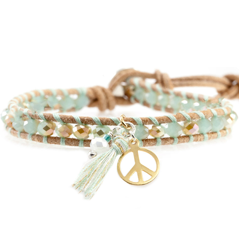 Road Tasman Mint Crystal Anti-war pendant woven single circle wool surface leather rope bracelet female 6 color ins niche design