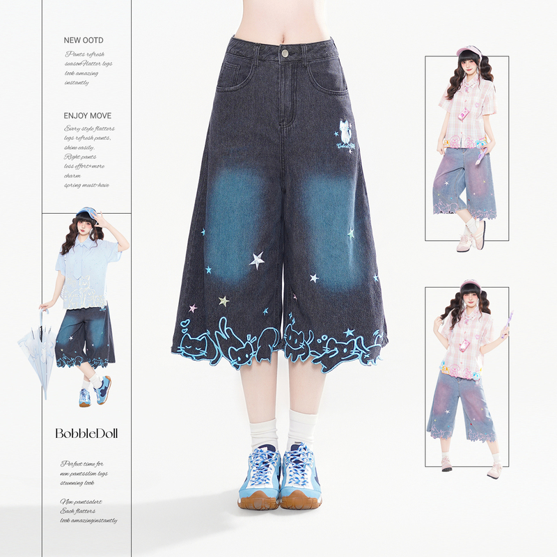 Bubbledoll Cute Cat Embroidered Washed Denim Capri Pants for Women, Summer Loose Versatile Wide-Leg Mid-Length Pants Bubbledoll Cute Cat Embroidered Washed Denim Capri Pants for Women, Summer Loose Versatile Wide-Leg Mid-Length Pants
