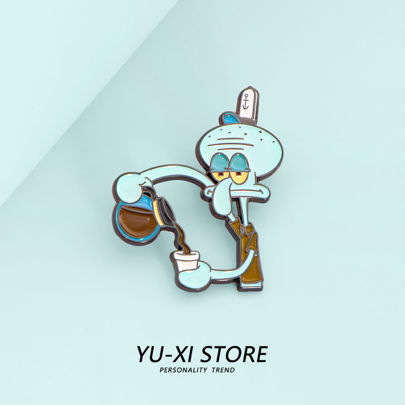 Cartoon Drink Coffee Octopus Octopus Brooch Obnoxious to Work, Lay Flat Personality Metal School Bag Decoration Badges-Taobao