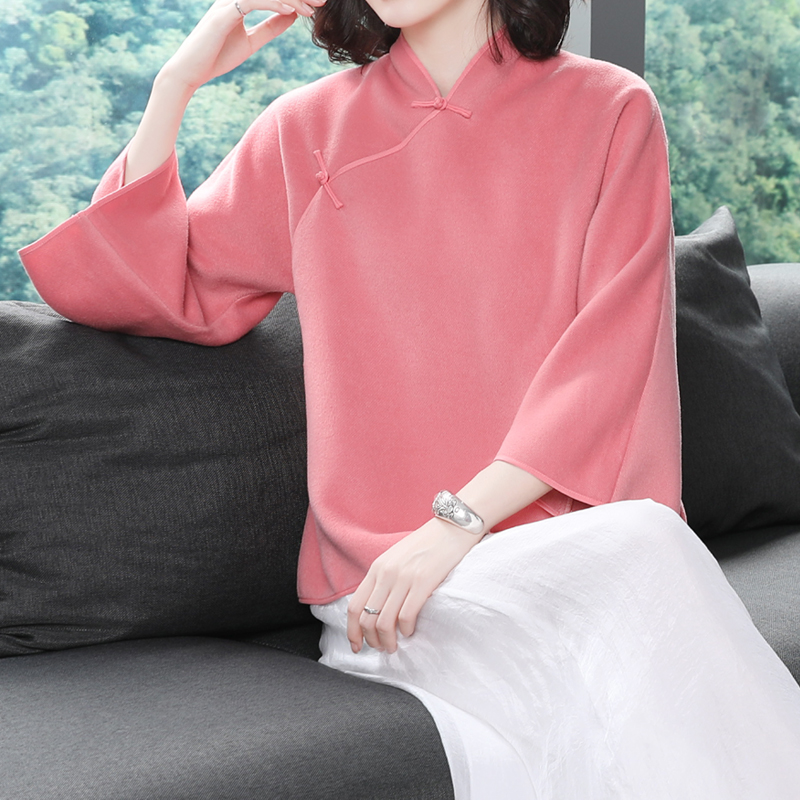 Tang dress top Tea suit suit Female Buddha smile edge Autumn and winter Chinese women's clothing improved Hanfu literary and artistic Chinese style top