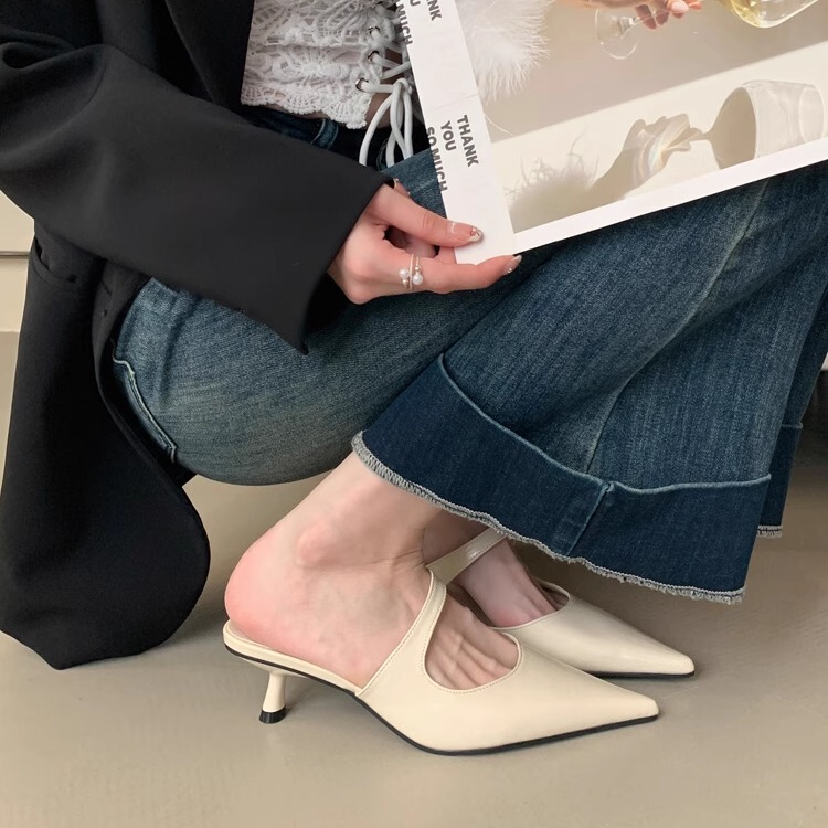 French Style! Silver High-Heeled Half-Slippers for Women, 2025 New Spring and Summer Pointed-Toe Stiletto Heel Backless Mules