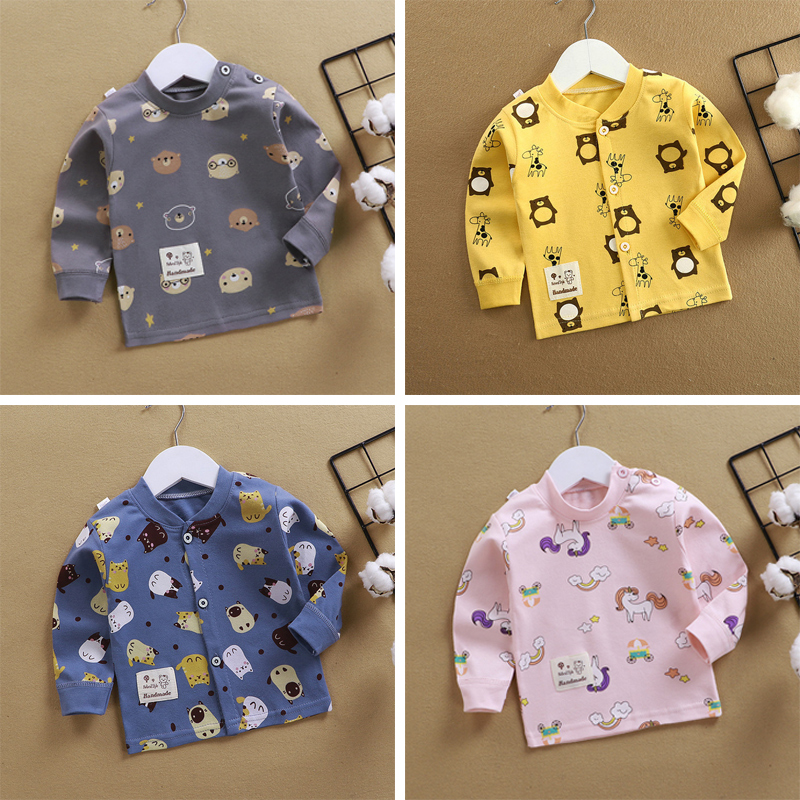 2021 autumn and winter sweatshirt with sweatshirt for male and female children's baby baby shoulder button T-shirt with long sleeve pure cotton