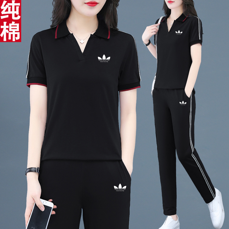 Official Website Genuine Sportswear Casual Suit for Women Summer Wear 2026 New Pure Cotton Large Size Short-Sleeved Lapel Two-Piece Set