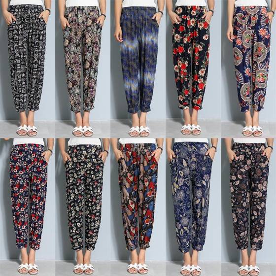 Middle-aged and elderly mother's pants, spring, autumn and summer thin, floral pants for the elderly, large size loose women's pants, ice silk nine-point granny pants