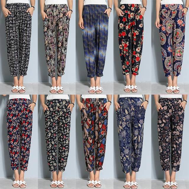 Middle-aged and elderly mother's pants, spring, autumn and summer thin, floral pants for the elderly, large size loose women's pants, ice silk nine-point granny pants