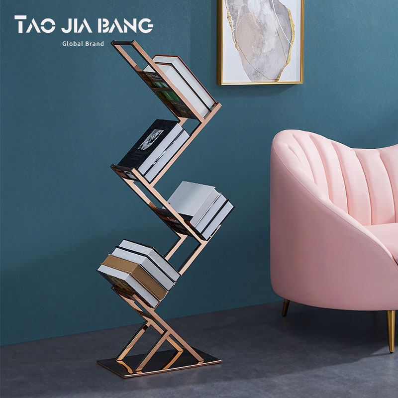 Light luxury creative art bookshelf landing post-modern study mobile bookshelf rack stainless steel metal bookshelf