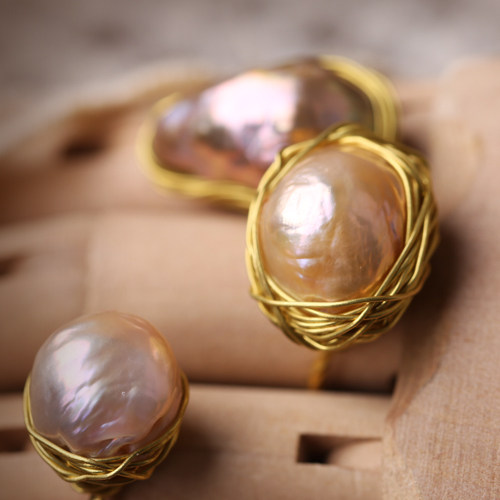 Plated Real Gold Baroque Edison Pearl Handmade Round Silk Ring Original Accessories (0721F)