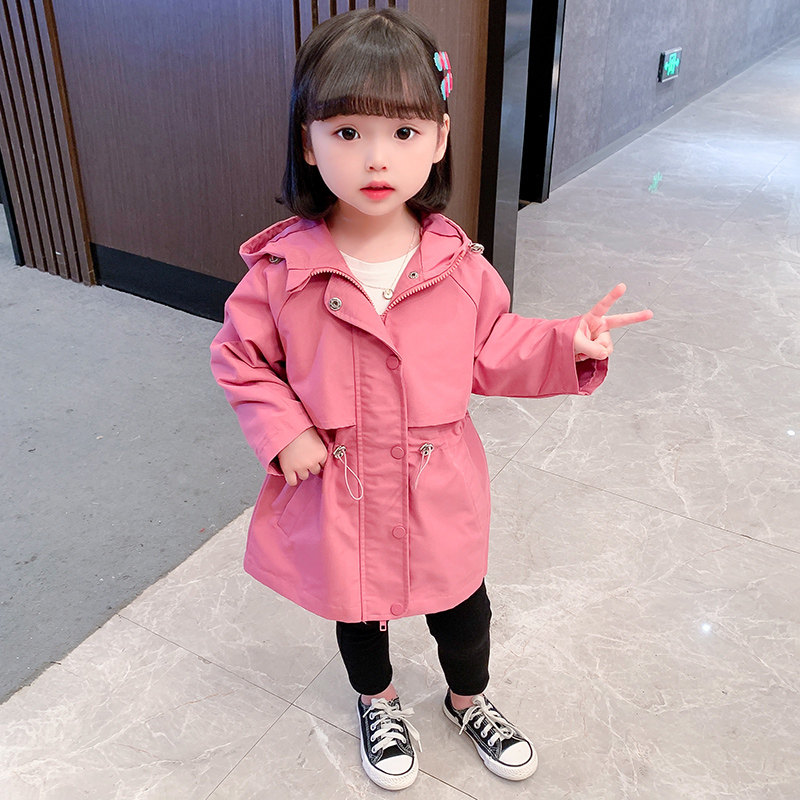 Girl's autumn clothes with cap and wind clothes trendy 2021 Spring and autumn clothes The children's foreign female baby receives a long version of the tide in the waist jacket
